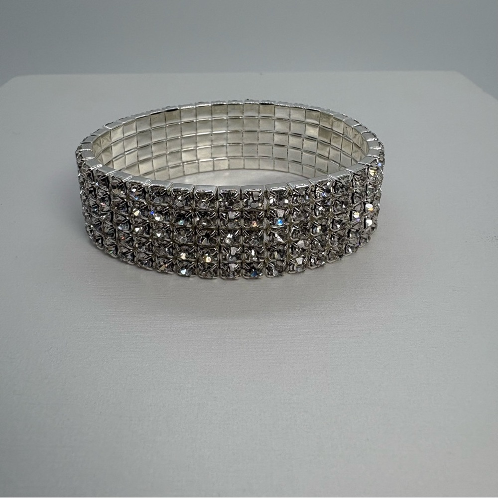 5 Row Clear Crystal Rhinestone Bridal Wedding Pageant Stretch Silver Bracelet